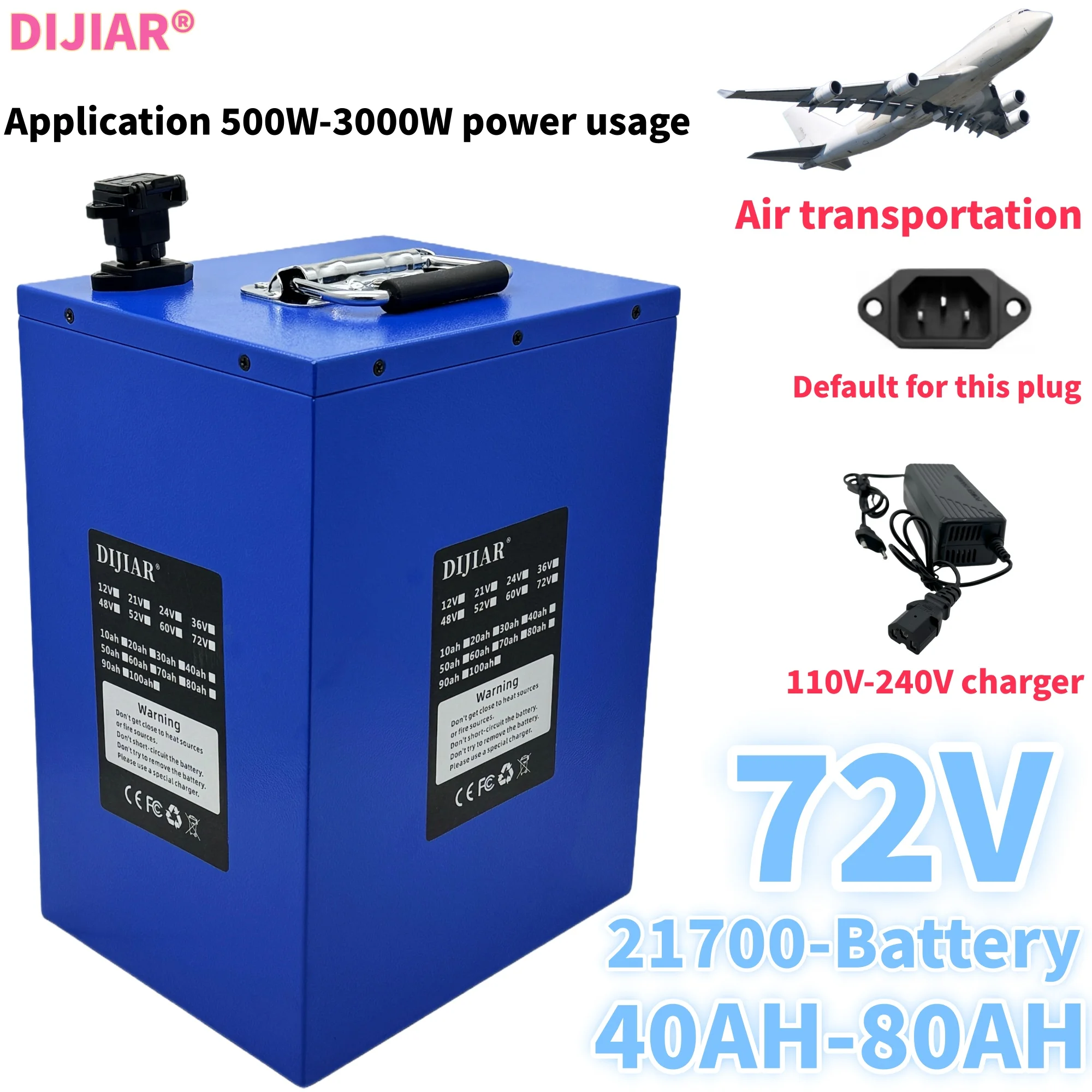 

Air freight, 24-hour delivery, brand new 72V21700 lithium-ion battery, 40AH-80AH large capacity, waterproof shell, built-in BMS