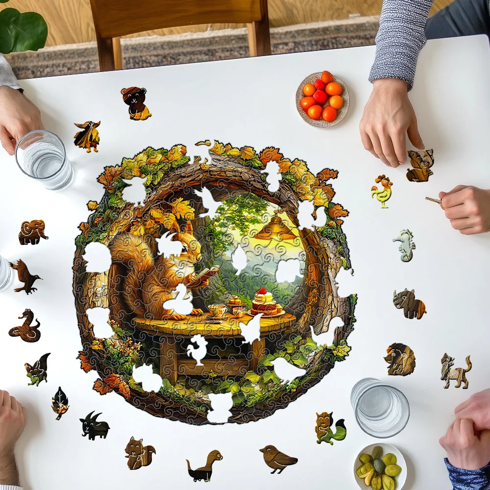 Rompecabezas de madera - Esquilo sentado en una cueva Lectura - Regalo de arte de desafío de madera colorido para todas las edades - Diseño global hecho a mano Ma