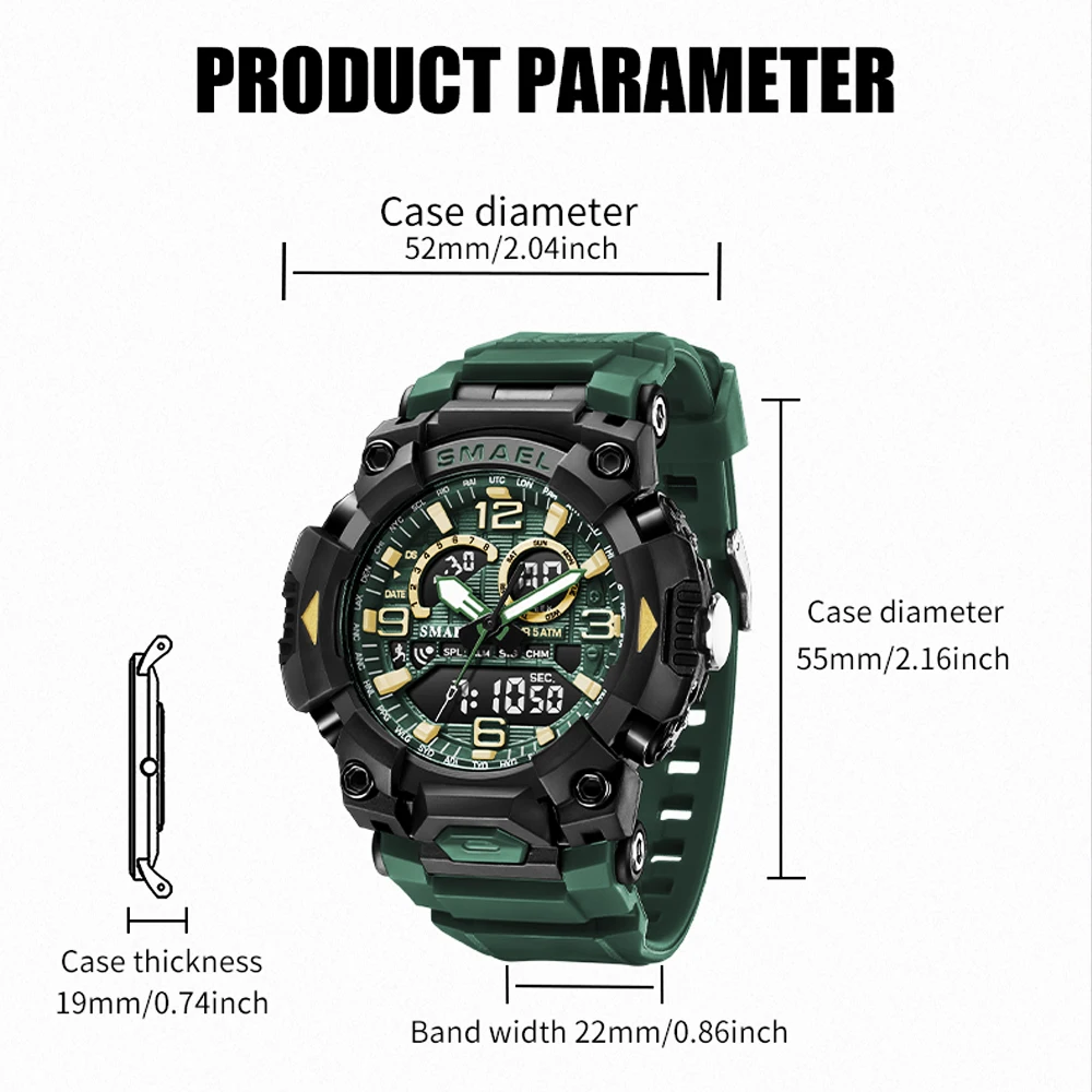 SMAEL Brand Fashion Sports Casual Led Electronic Watch Dual Digital Display Silicone Strap Luminous Waterproof Alarm Watches