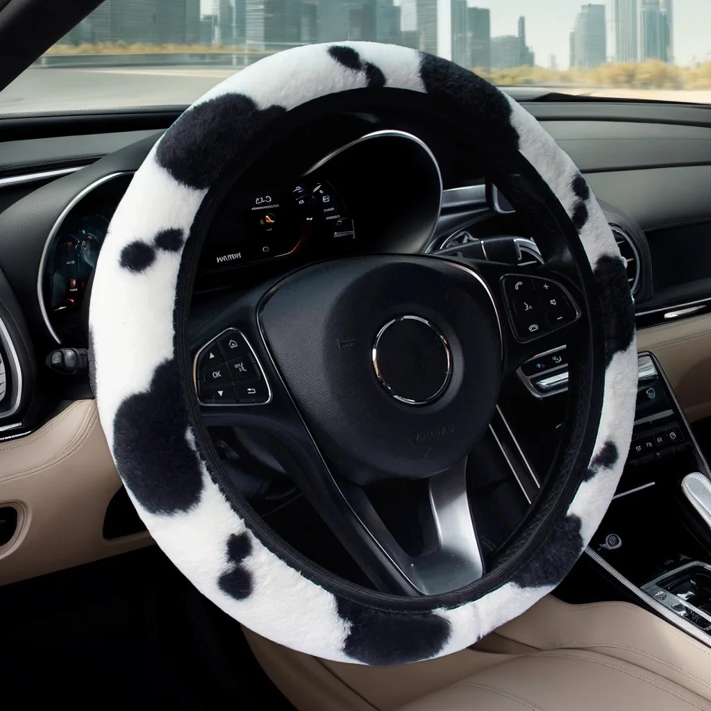 

Anti-Slip Car Steering Wheel Cover - Ultra-Soft Cow Stria Plush for Winter Use Fits 37-38cm Wheels Secure Grip Design