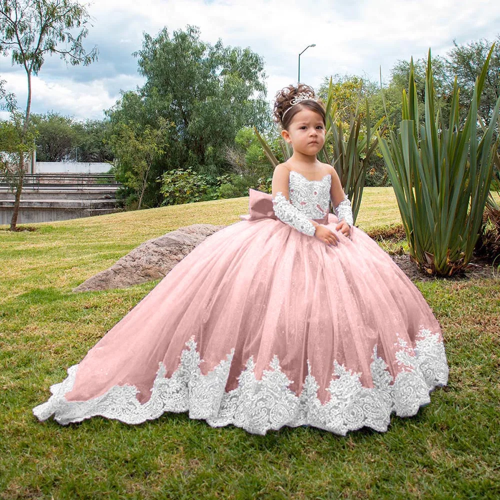 Lindo vestido de menina flor festa para casamentos crianças cetim arco bola crianças aniversário pageant vestidos brilhantes primeira comunhão vestidos