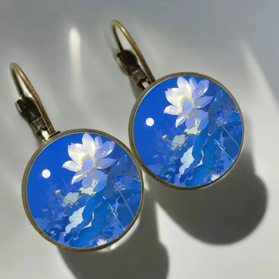 New Arrival Watercolor Lotus Earrings Ink Painting White Lotus Glass Earrings Vintage Fairy Essential Earrings