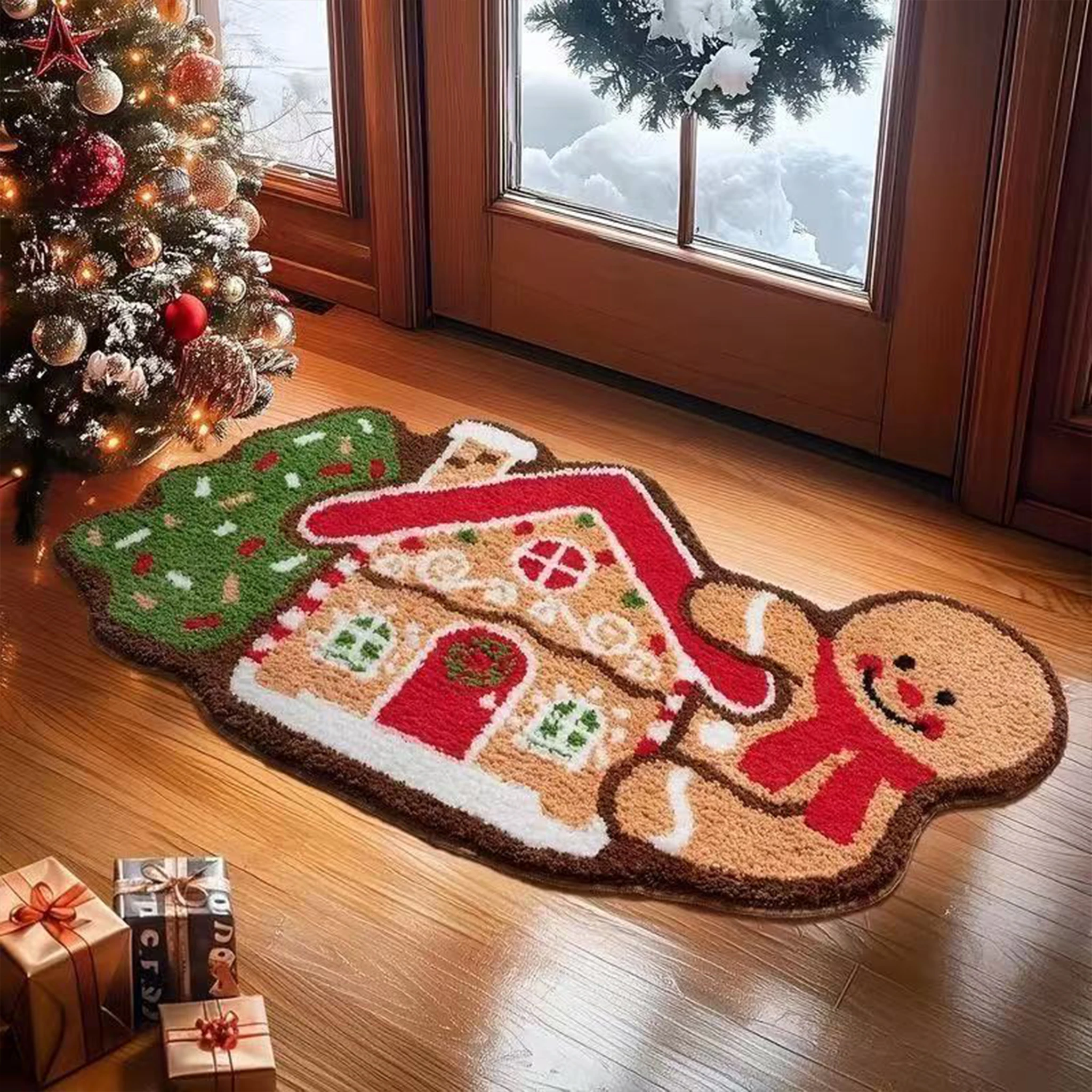 Cute Christmas Tree Gingerbread Man Floor Mat Faux Wool Doormat Entryway Bedroom Absorbent Rug Room Christmas Decoration Gift