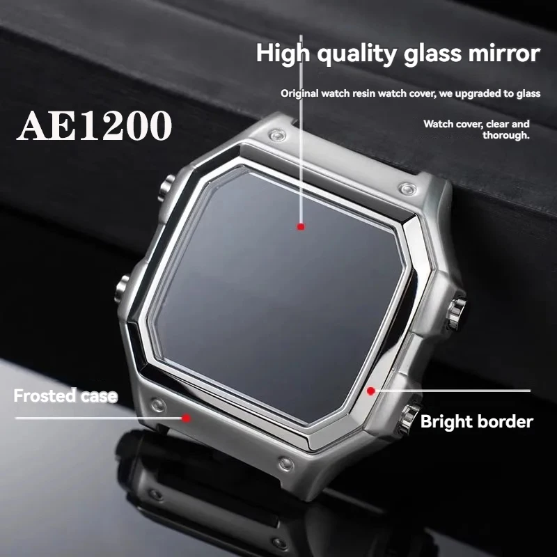 AE-1200 All Metal Case Strap Mod Kit For Casio 3299 AE-1200WH AE1300 Stainless Steel Watch Band Glass Film Screw Bezel Bracelet