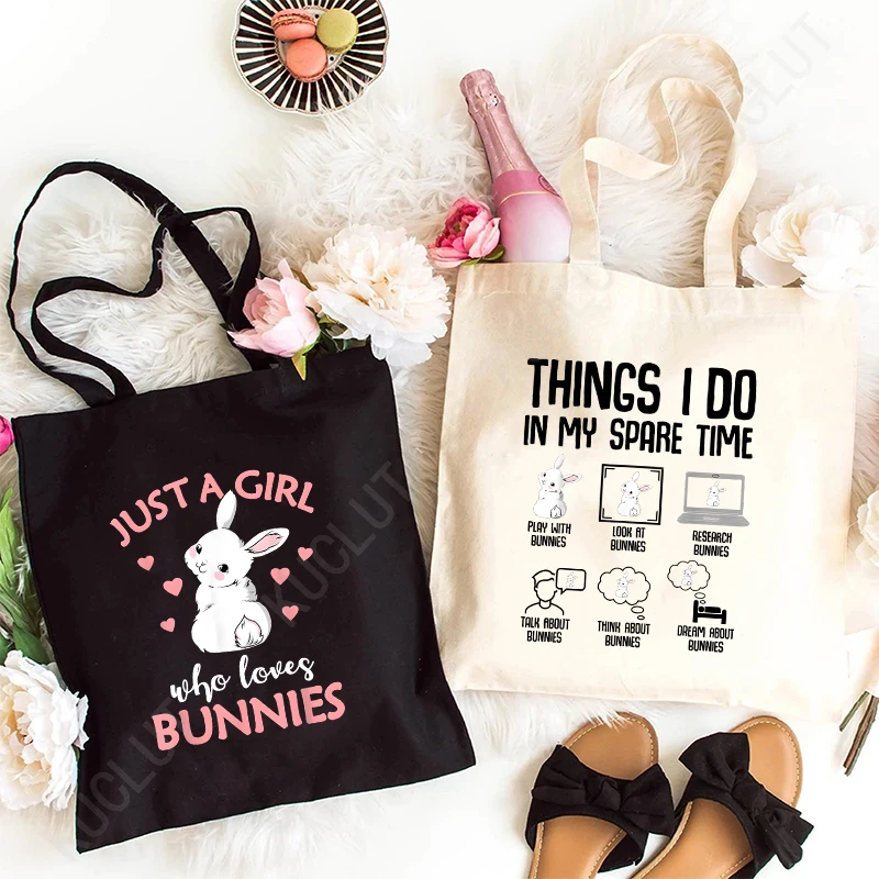 Funny Bunny Print Handbag Purse Canvas Tote Bag Rabbits Reusable Shopping Cloth Bag Supermarket Shopper Woman Shoulder Bag