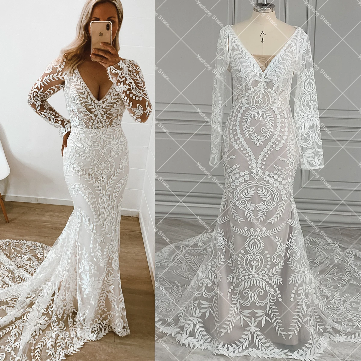 Vestido de novia de encaje bohemio personalizado de sirena con bolero extraíble de talla grande, manga larga, cola capilla, elegante vestido de novia con cuello en V