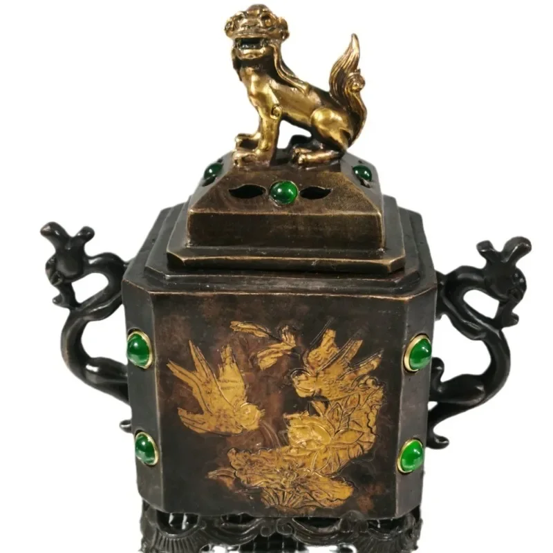 Antique copper gilt binaural Pixiu, four-legged square tripod, incense burner ornament