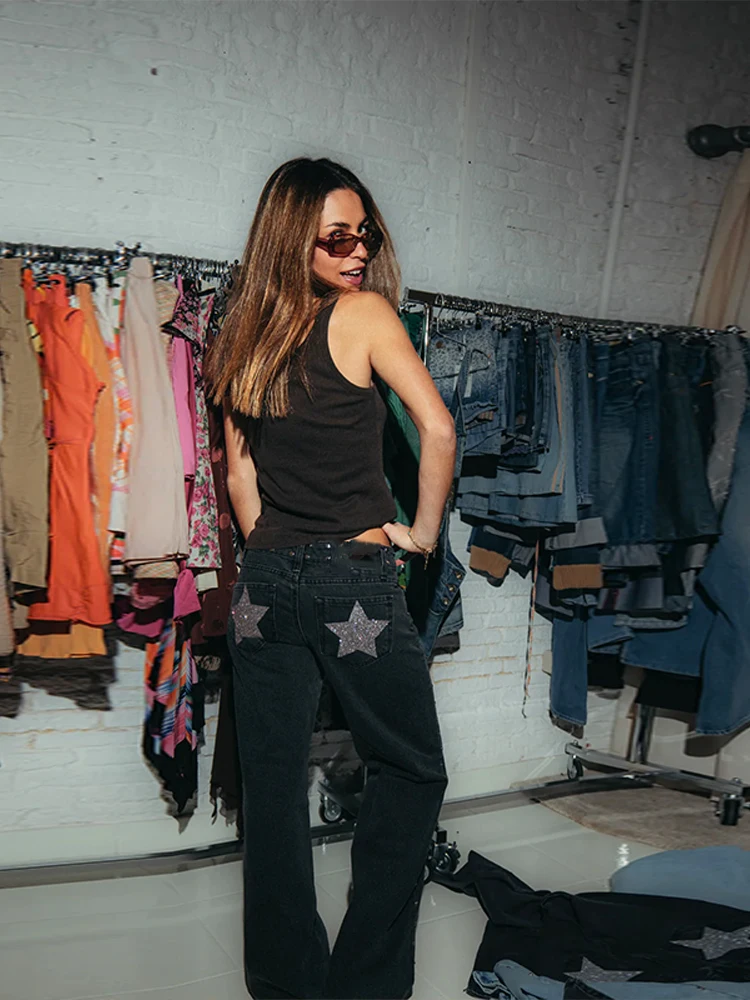 Gothic Womens ONE DILEMMA Jeans Y2K Clothes Hip Hop Five Pointed Star Sequin Rivet Fashion Casual Baggy Jeans Straight Trousers