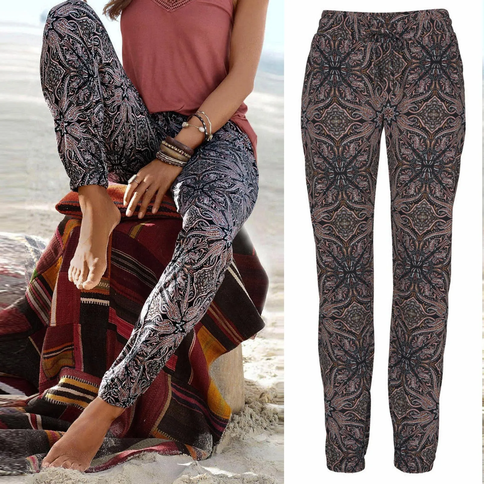 Boho Beach Pants Women High Waist Printing Trousers With Pockets Pantalones Summer Casual Trousers Sweatpants брюки женские