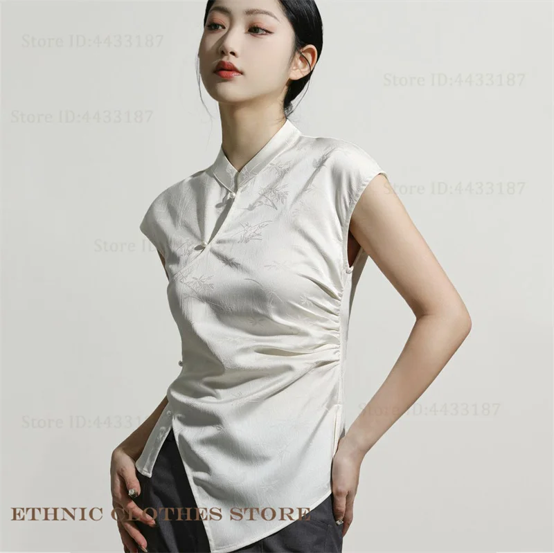 

Fashion Chinese Style Top Vintage Classic Mandarin Collar Jacquard Shirt Sexy Slim Qipao Cheongsam Blouse Satin Tang Clothes