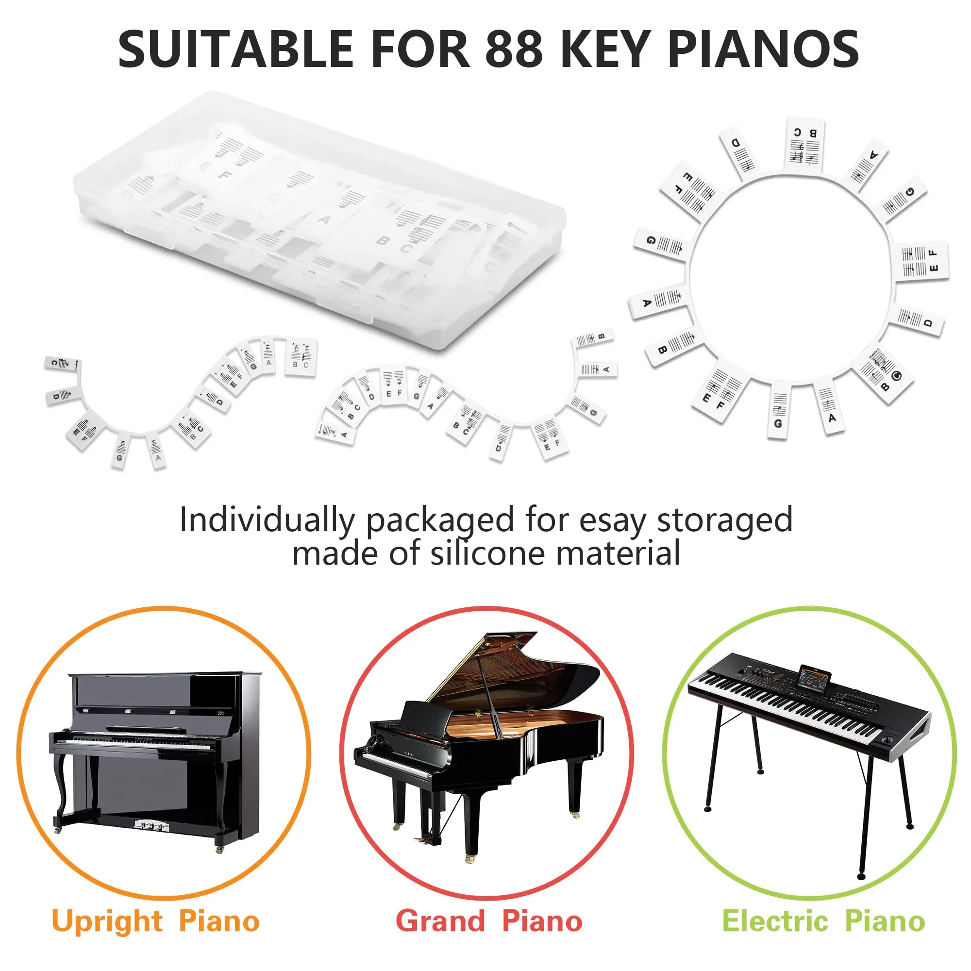 Miwayer Removable Piano Keyboard Labels Silicone Piano Notes Guide for Beginner,  88-Key Full Size, Reusable and Comes with Box