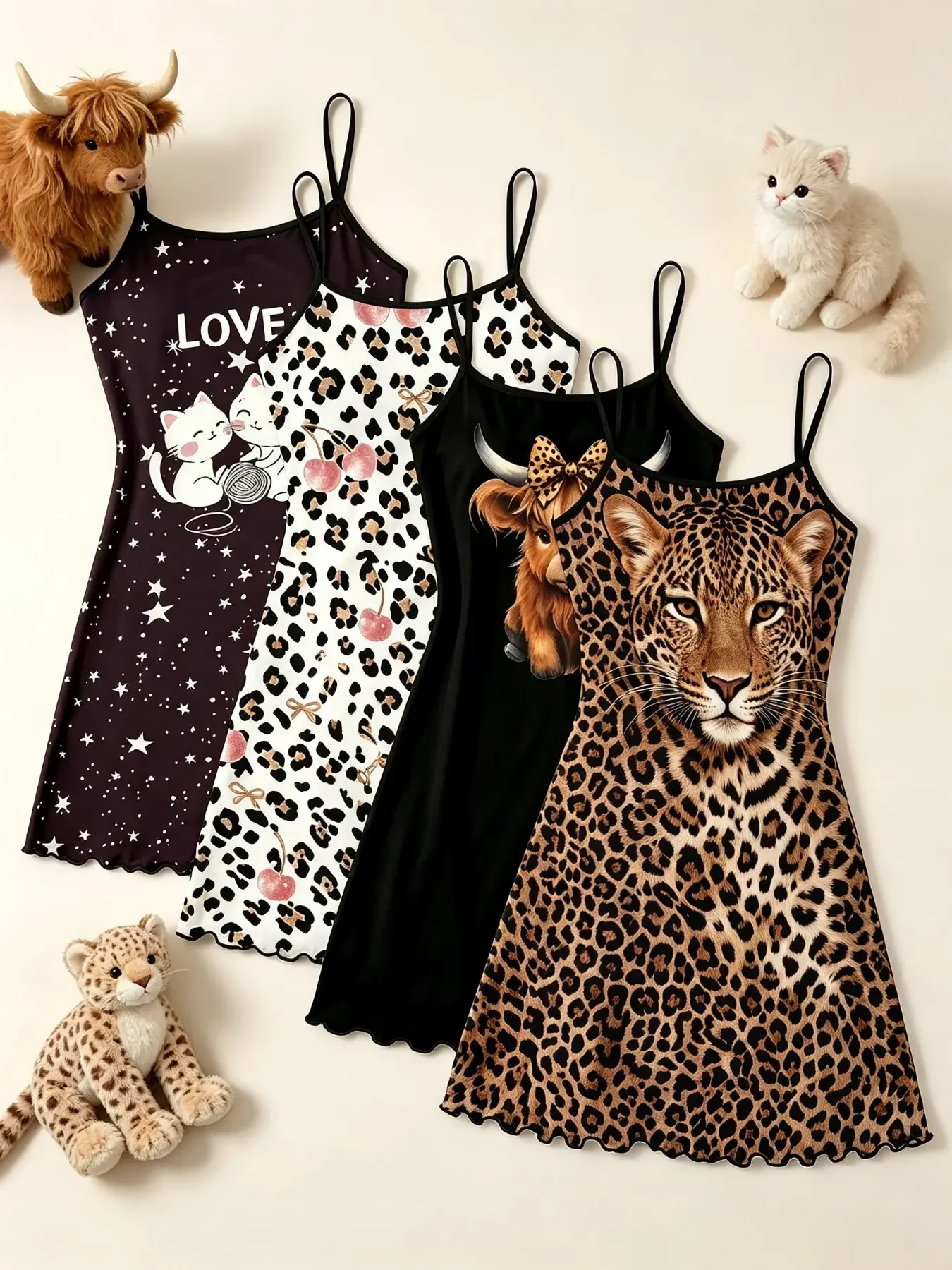 4-Piece Upgraded Women's Nightgowns Set Y2K Edgy Aesthetic Leopard Cheetah Cat Cherry Print Summer Spaghetti Strap Lettuce Hem Soft Silky Girly Relaxed Fit Sleepwear Loungewear Novelty Nightwear for Cozy Home Daily Wear