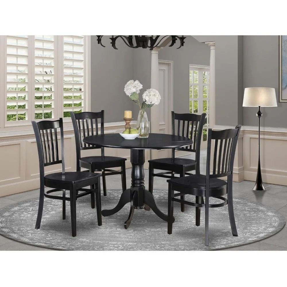 5 Piece Dining Table Set Includes A Round Dinner Table with Dropleaf and 4 Wood Seat Chairs, 42x42 Inch, Black Dining Room Sets