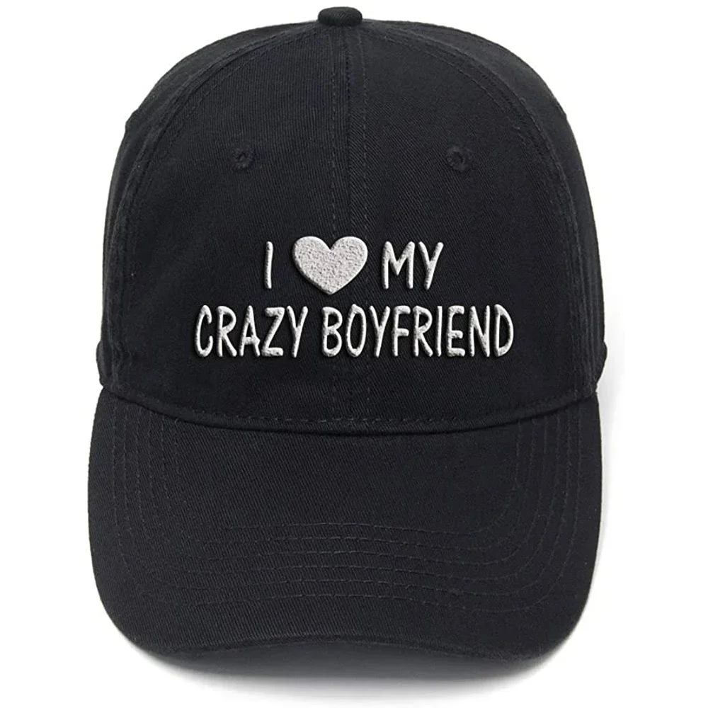 Lyprerazy I Love My Crazy Boyfriend Funny Washed Cotton Adjustable Men Women Unisex Hip Hop Cool Flock Printing Baseball Cap