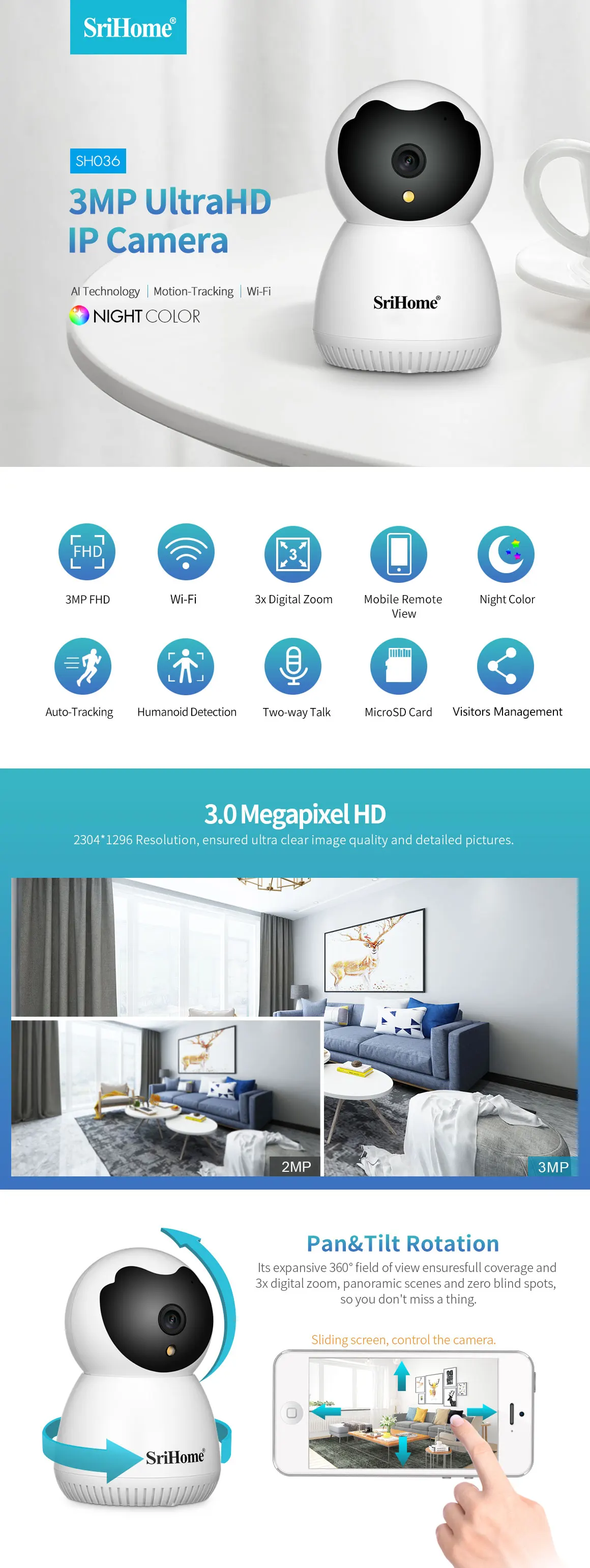 Srihome SH036 Utra HD 3.0MP IP Camera 4X Digital Zoom Security CCTV Wifi Camera 1296P Smart Home 360° View Wireless Baby Monitor