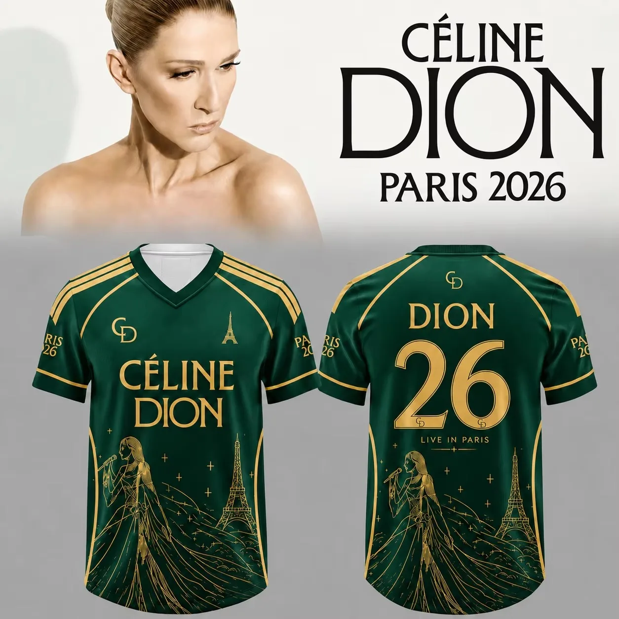Celine Dion Paris 2026 Tour Soccer Jersey Gold Eiffel Tower Print V‑Neck Sleeve Tee Fan Shirt for Concert Party Family Matching