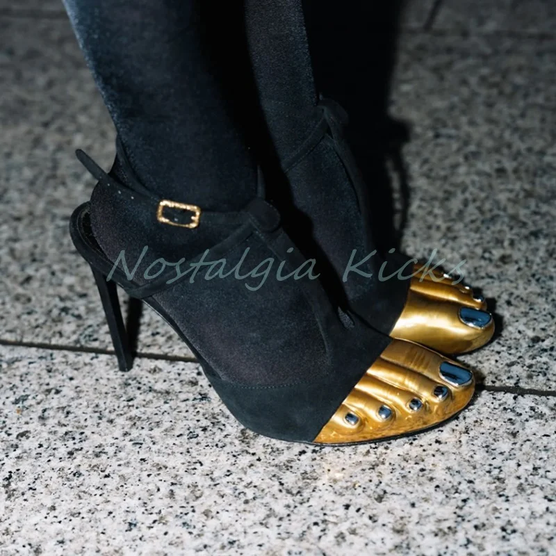 2025 Fashion Gold Five Finger High Heel Pumps Summer Versatile Stiletto Heel Buckle Sandals Women Roman Dress Comfort Shoes