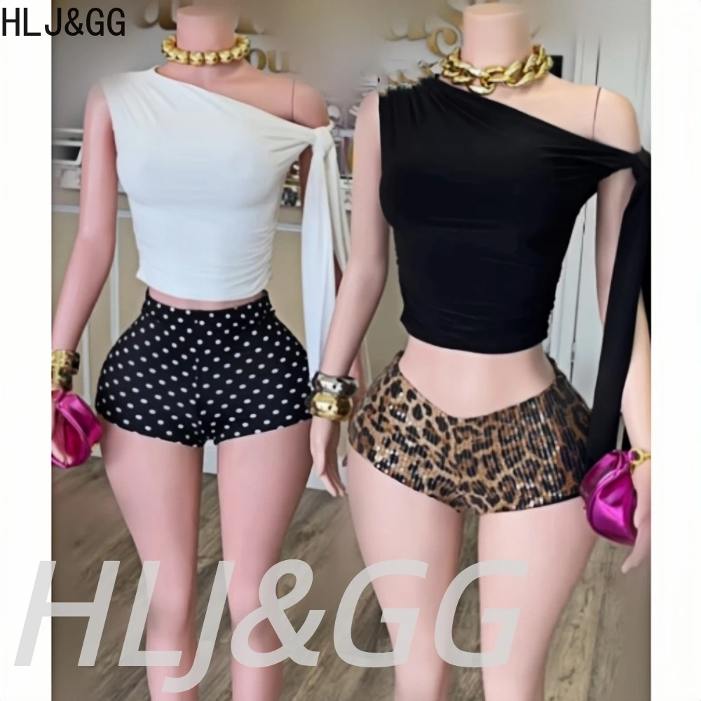 

HLJ&GG Fashion One Shoulder Bandage Irregular Two Piece Sets Women Sleeveless Top And Polka Dot Print Shorts Outfits Streetwear