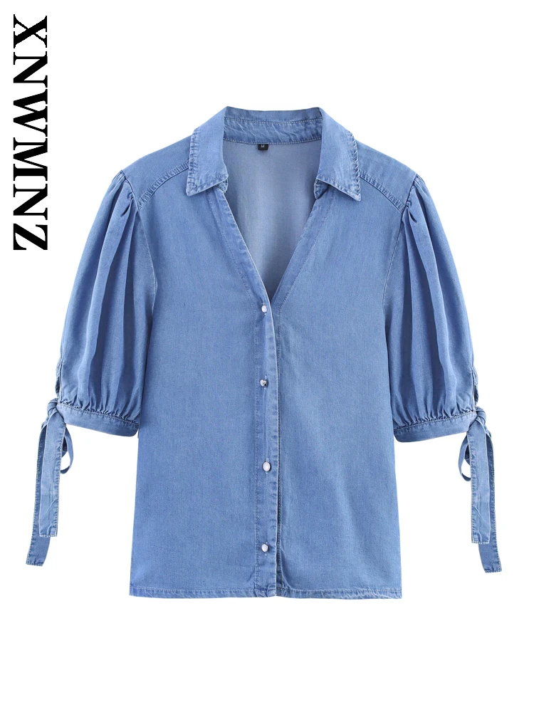 

XNWMNZ 2025 весенняя женская шикарная повседневная рубашка с v-образным воротником и короткими рукавами, модная женская одежда с коротким рукавом, простая рубашка с бантом