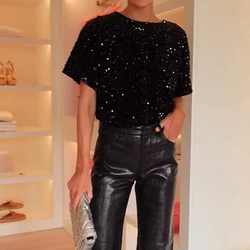 2025 Velvet Sequin Solid Color Club Party Shirt Elegant Loose Commuting Top Spring Summer O-neck Short Sleeved Women's Pullover