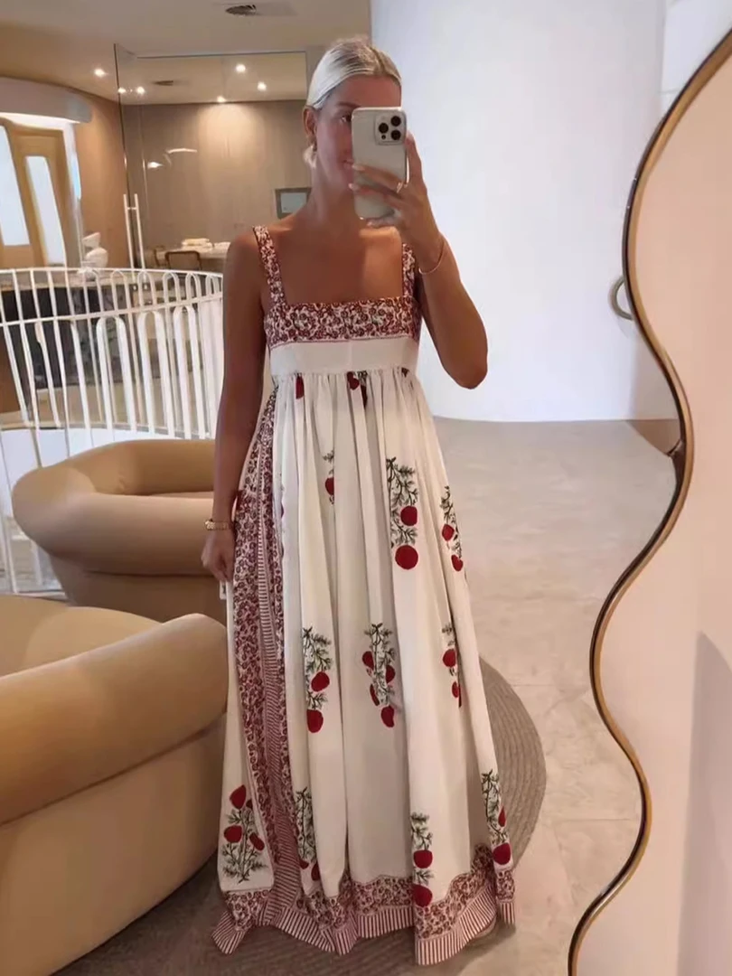 Fashion Pirnted Hem Pleated Maxi Dress Women Summer High Waist Sleeveless Backless Streetwear White Long Dresses Vacation Robes