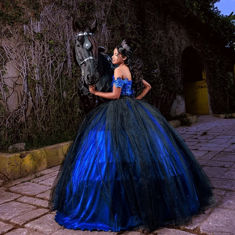 Brilhante azul royal quinceanera vestido de renda cristal glitter flor decalque cauda longa vestidos de 15 quinceanera ﻿ Personalizado