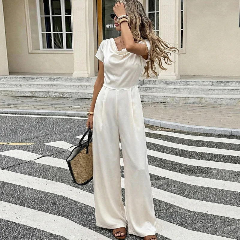 

Casual One Pieces Jumpsuits For Woman 2026 Summer Short Sleeve Slim Wide Leg Jumpsuit Elegant