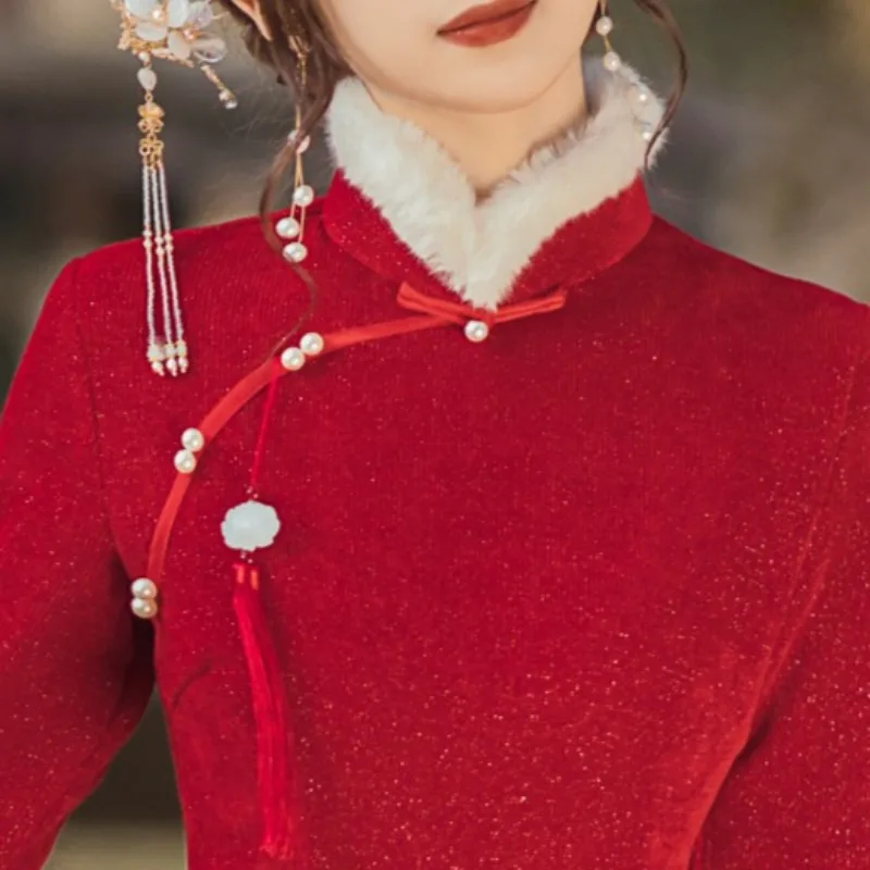 Женское новогоднее платье Cheongsam для косплея, утолщенное зимнее платье с длинными рукавами, тонкое элегантное китайское традиционное Ципао для новогоднего наряда