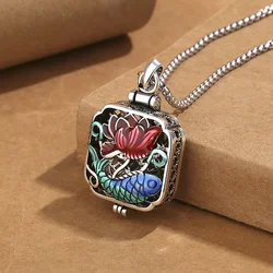 Retro Hollow Lotus Flower Box Pendant Necklace For Men Women Jewelry Personality Buddhist Scripture Mezuzah Amulet Necklace Male