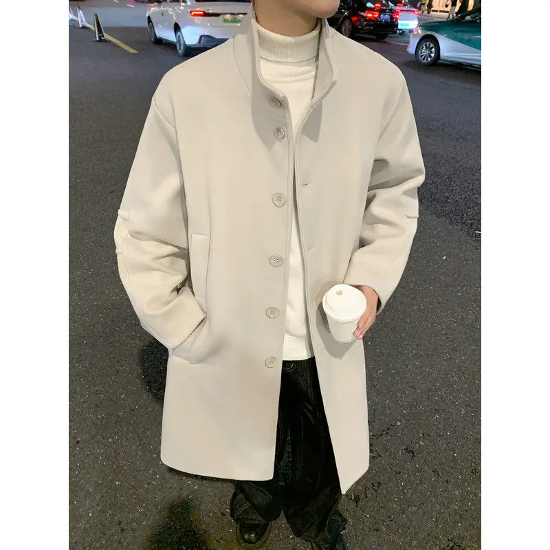 

Зимнее тяжелое мужское длинное пальто с воротником-стойкой, пальто в Корейском стиле, шерстяная ветровка длиной до колена, модная верхняя одежда