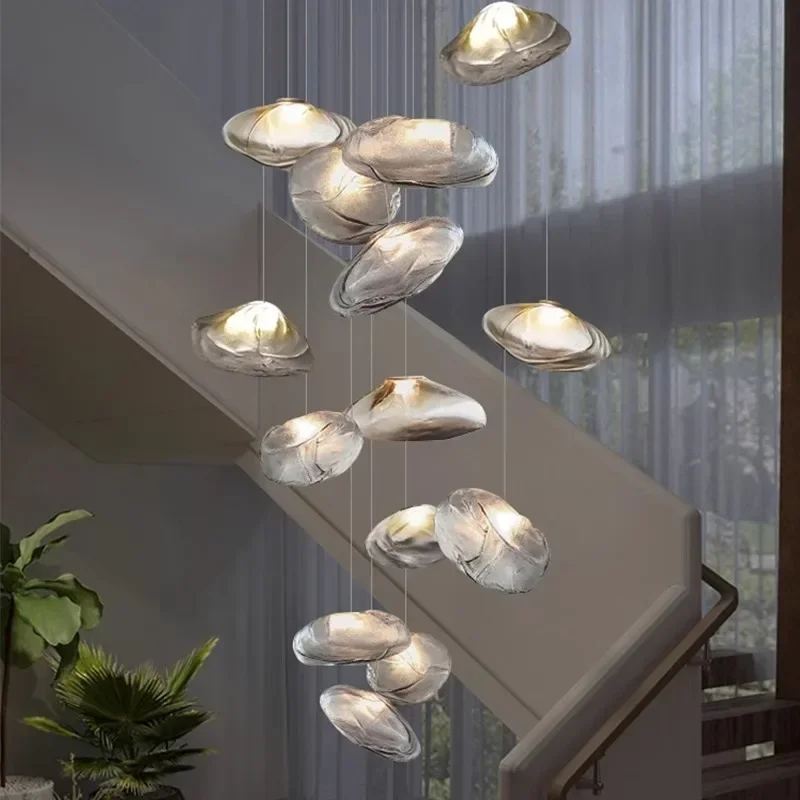 Designer duplex stairs loft chandelier villa empty living room apartment glass cloud hotel lobby long line light