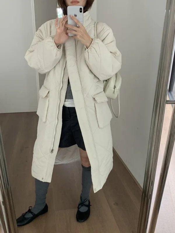 Invierno Aosphere algodón Jaet mujer Faion Stand Collar suelto inserto algodón cálido patrón de diamante abrigo de algodón