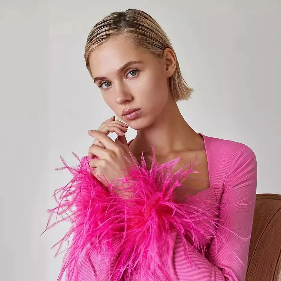 High Quali Women's Long Sve Feather Wrap Dr Bodycon High Waist ort Skirt Basic Sle Spring 2025  Color