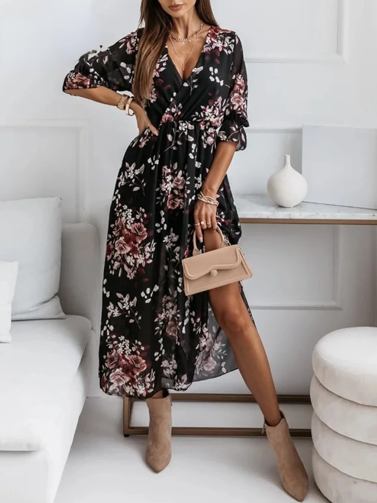 Chiffon Summer Dresses Women 2023 Elegant A-line Flower Office Spring Long Sleeve V-Neck Floral Maxi Dresses for Women Vestido