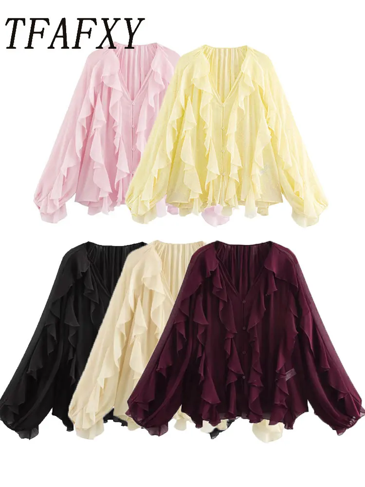 Camisa casual feminina com babados solto rendas até oco com decote em v tops 2025 blusas de primavera roupas femininas