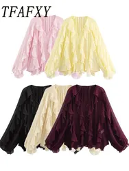 Women's Casual Ruffled Shirt Loose Lace Up Hollow Out V Neck Tops 2025 Spring Blouses Women Clothes