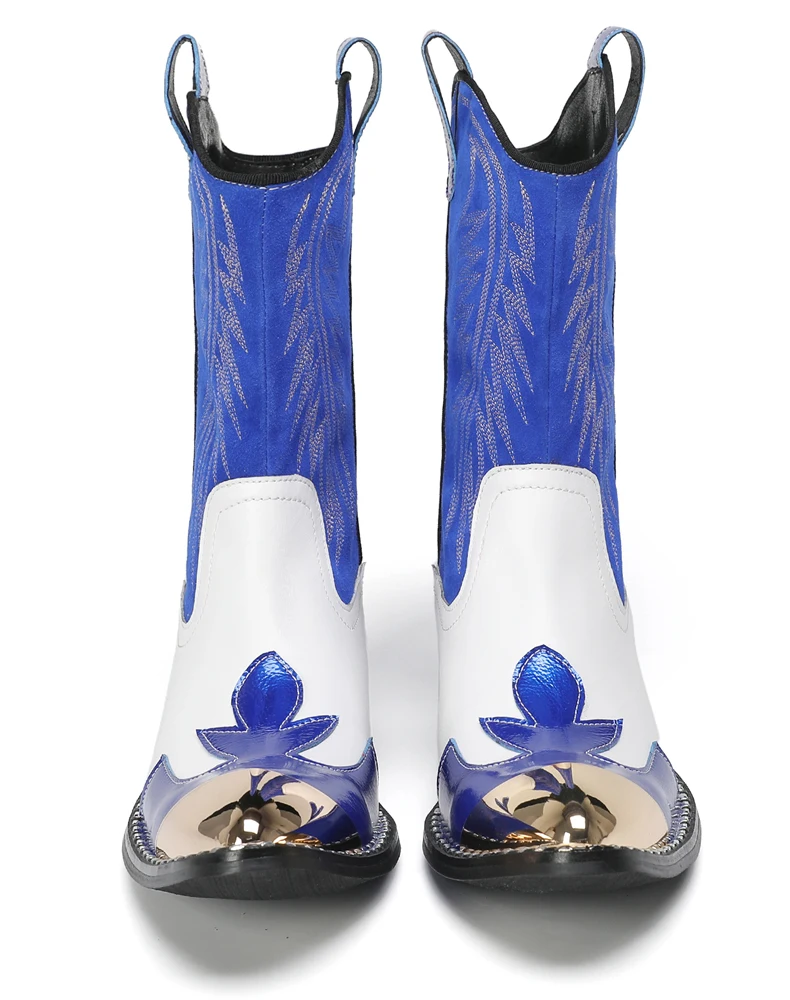 Mode Spitz Männlichen Stiefeletten Plus Größe Party Schuhe Stickerei Cowboy Stiefel Aus Echtem Leder Männer Motorrad Kurze Stiefel – Detail 4