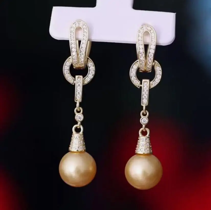 

elegant pair of 10-11mm south sea round gold pearl dangle earring 925s