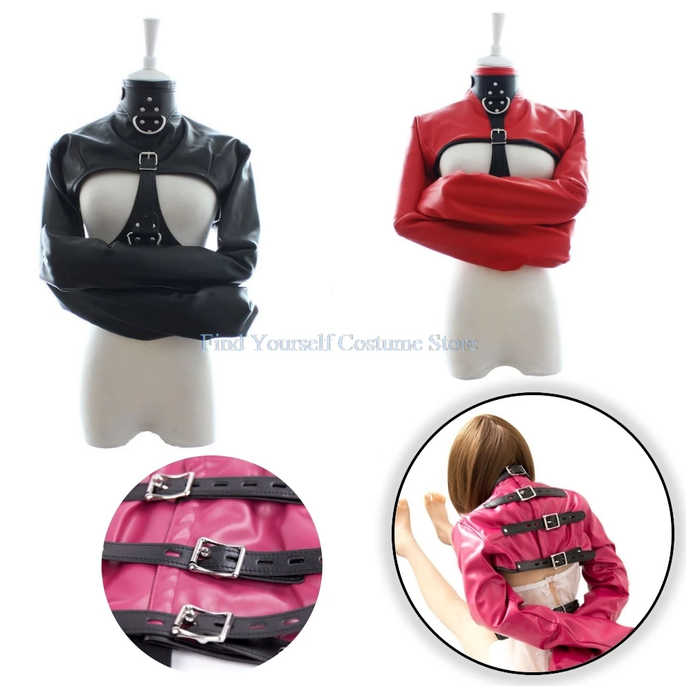 Women Black Red Sexy Open Breast Cupless Leather Bondage Strait Jacket Top Women's Restraint Straight Jacket Halloween Costume