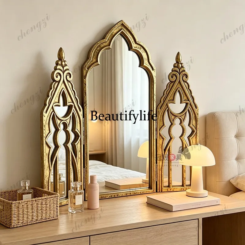 American carved desktop three-sided mirror fireplace three-fold decorative mirror retro old makeup mirror bedroom dresser