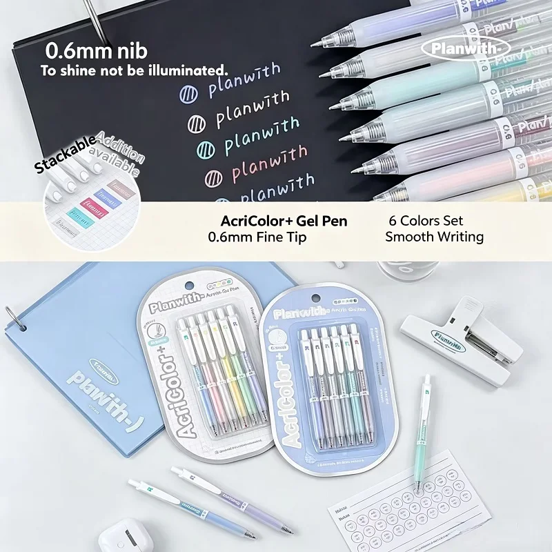 Planwith 6 Colorful Acrylic Gel Pen 0.6mm Marking Pen Set Smooth Writing For Journaling Doodling Student Office Stationery
