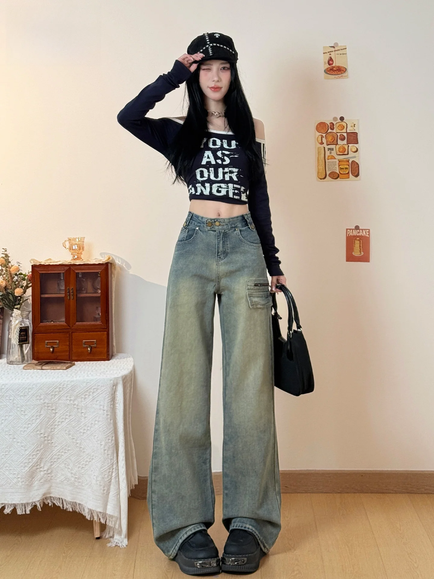 

Джинсы женские летние в американском стиле с высокой талией, прямые, в стиле рабочей одежды, с модным дизайном, облегающие, широкие штанины