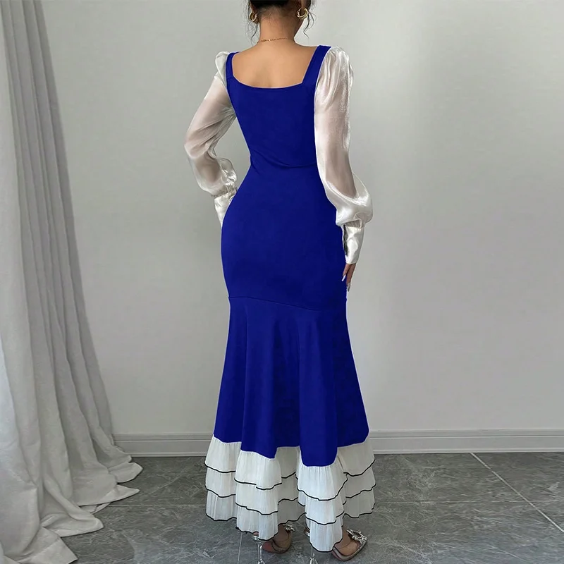 우아한 긴 소매 슬림핏 드레스 가을 신상 컬러 블록 피쉬테일 드레스 여성 출퇴근 파티 디너용