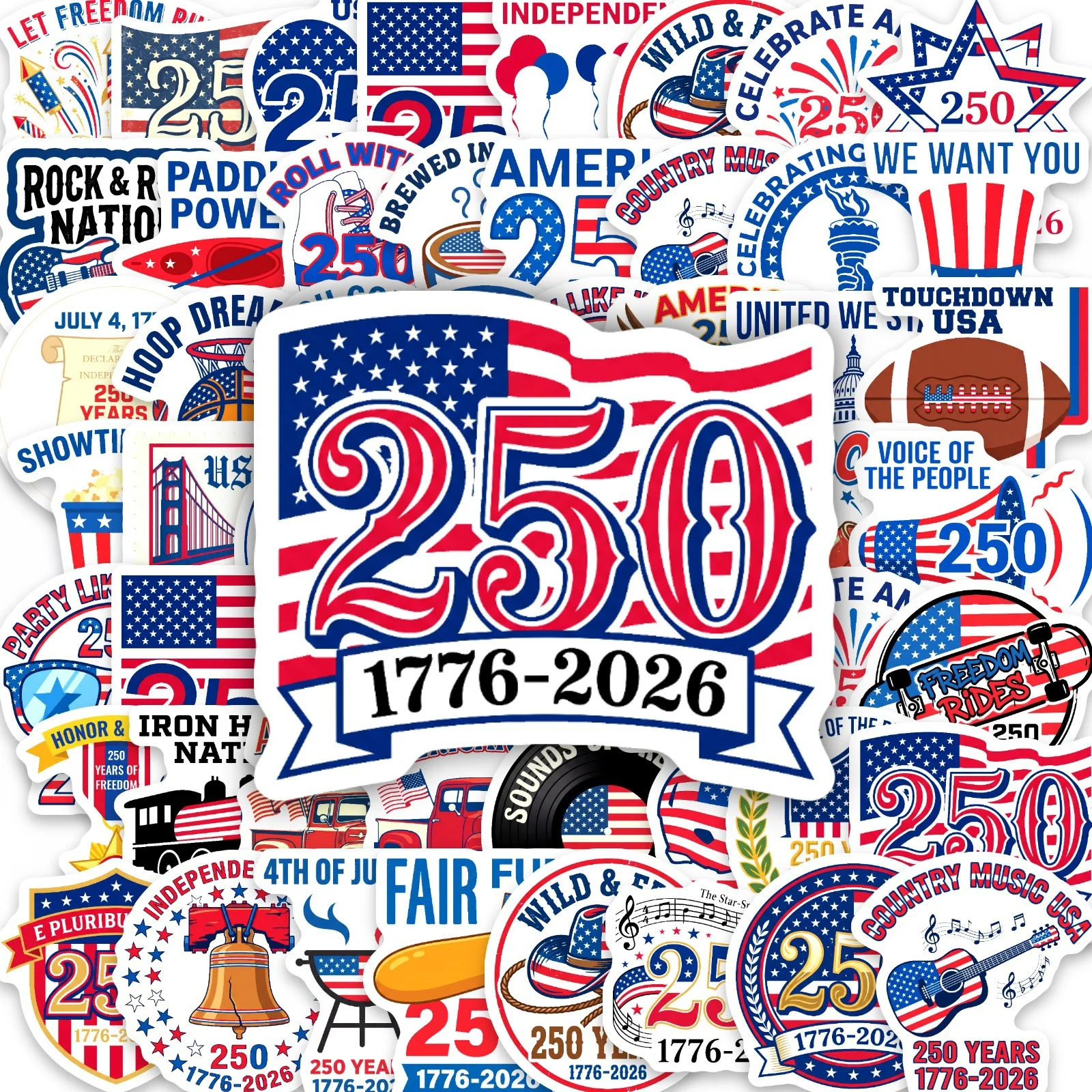 50Pcs America 250th Anniversary Stickers 1776-2026 Patriotic USA Flag Vinyl Decals July 4th Independence Day Party Favor