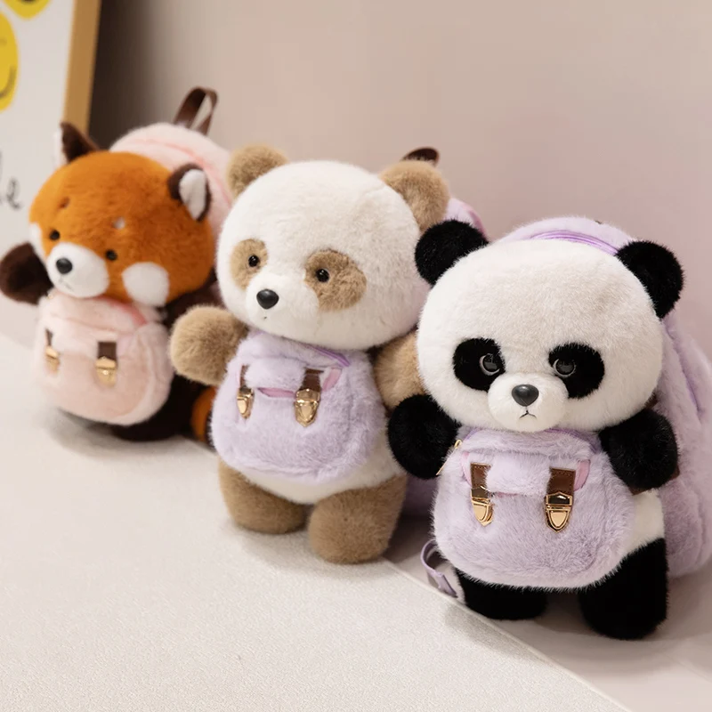만화 동물 봉제 배낭 인형 너구리 팬더 더블 숄더백, 카와이 지갑 봉제 생일 선물, 35x25cm