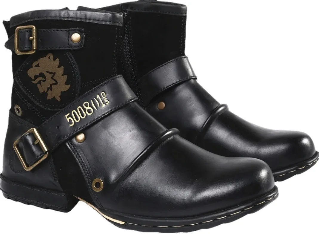 Sapato de couro vintage de homens Winter, sapatos com zíper quente, estilo metal, equitação retrô, moda masculina, 2023