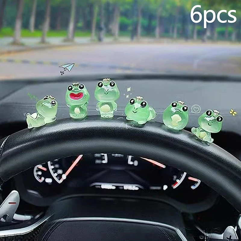 6Pcs Cute Mini Luminous Frog Micro Landscape Car Dashboard Fun Frog Car Rearview Interior Ornaments Fairy Garden Home Car Gifts