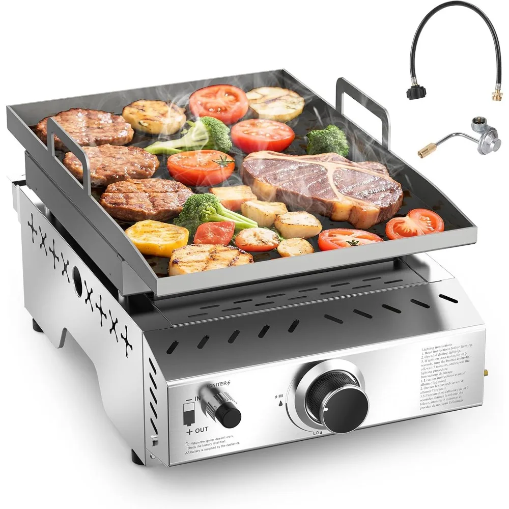 

Портативный газовый гриль на пропане, сковорода для барбекю с плоским верхом из нержавеющей стали 304, приготовление пищи на открытом воздухе 8000 БТЕ для кемпинга и автофургонов