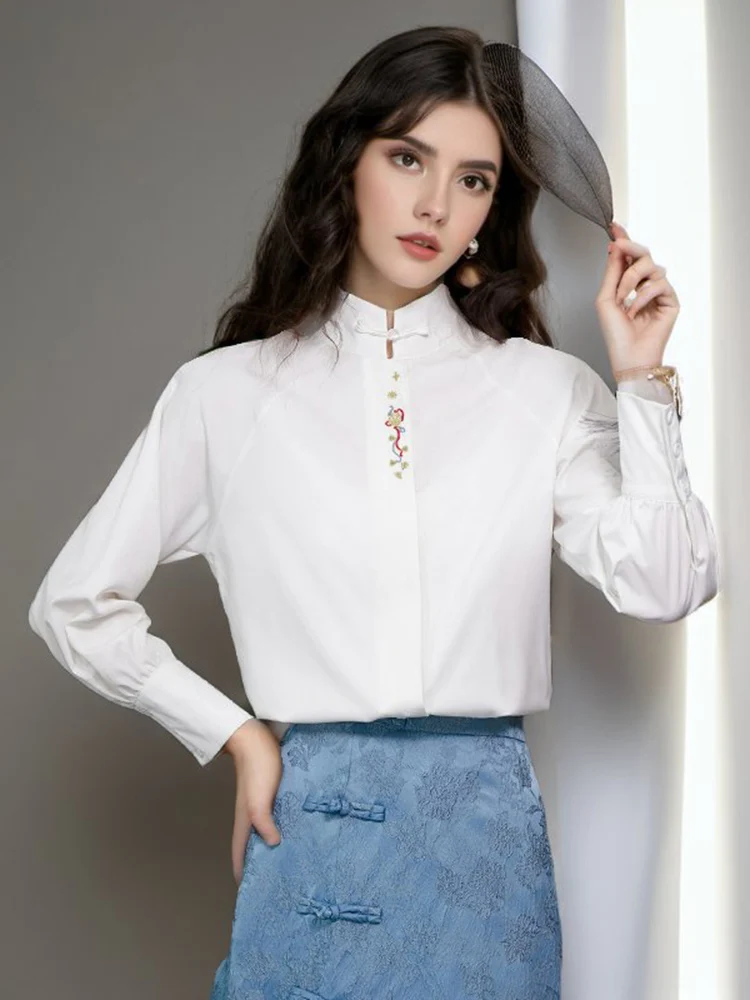 New 2024 Spring Women White Shirts & Blouses Stand Collar Long Sleeve Tops Embroidery Chinese Style Elegant Shirt Tops Blusa