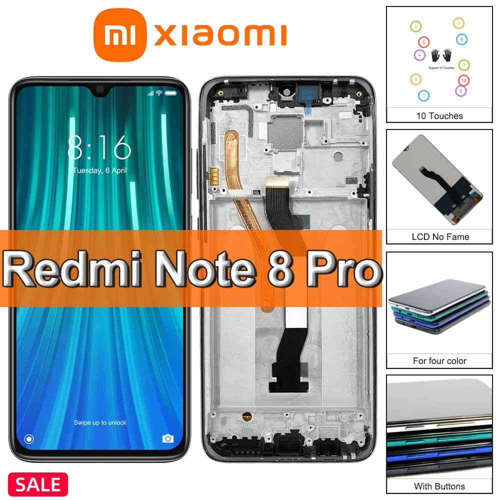 

6.53" Original Xiaomi Redmi Note 8 Pro LCD Display Touch Screen, For Redmi Note8Pro M1906G7I LCD Display Replace, with Frame